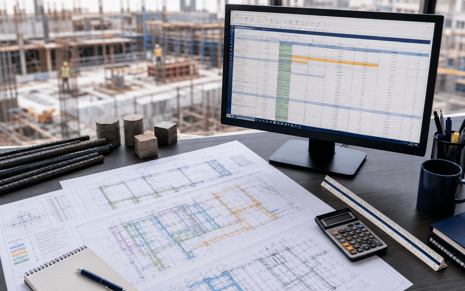 Concrete quantity takeoff spreadsheet and color-coded foundation, slab, formwork, and rebar plan markups