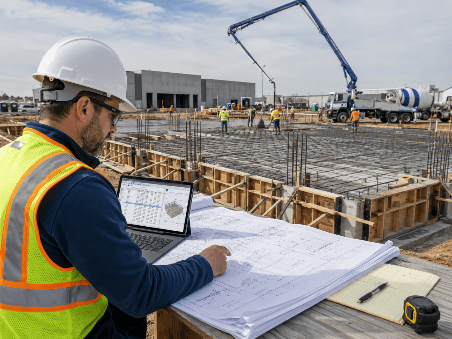 Estimator reviewing concrete estimating services for foundations, slabs, formwork, and reinforcing steel