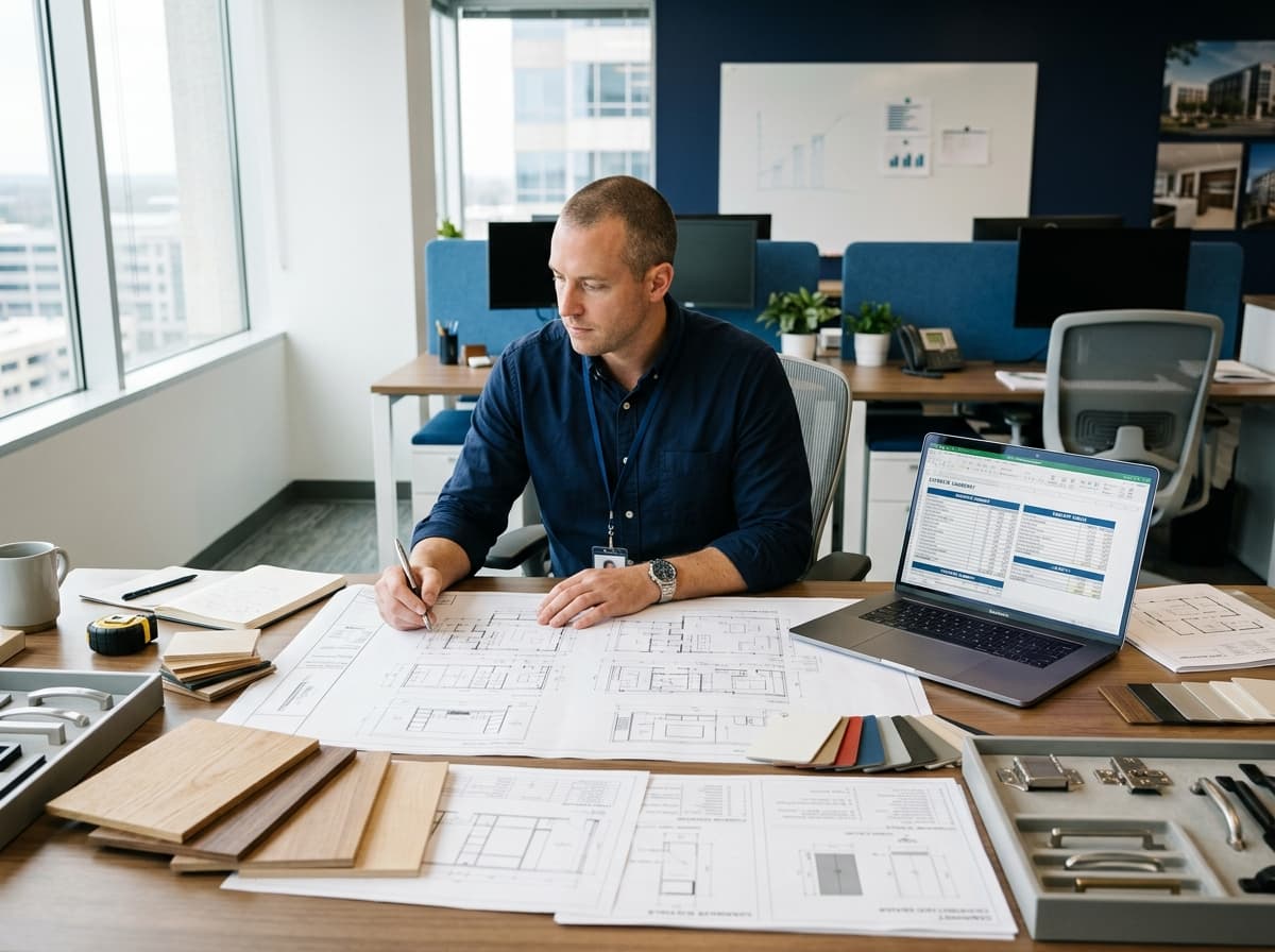 Millwork estimator marking up interior elevations of casework, countertops, and wood wall panels