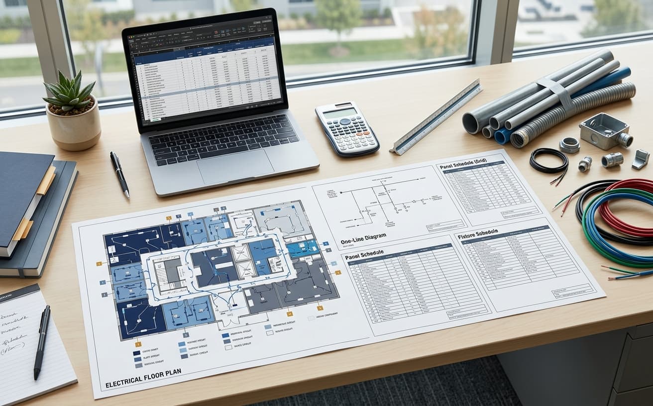 Electrical estimate workbook beside color-coded power plans with conduit and wire quantities, panel schedules, and labor hours