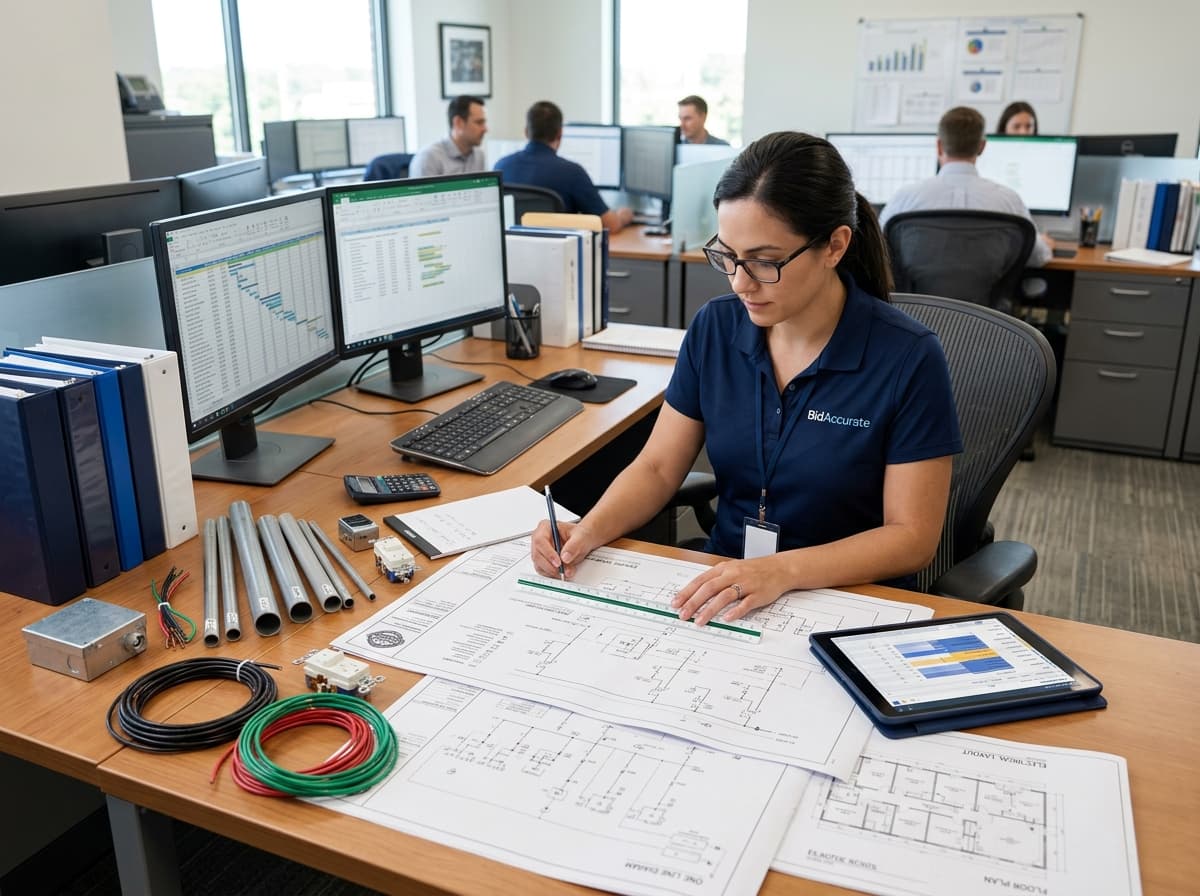 Estimator marking conduit runs, panels, and lighting on electrical plans for a takeoff