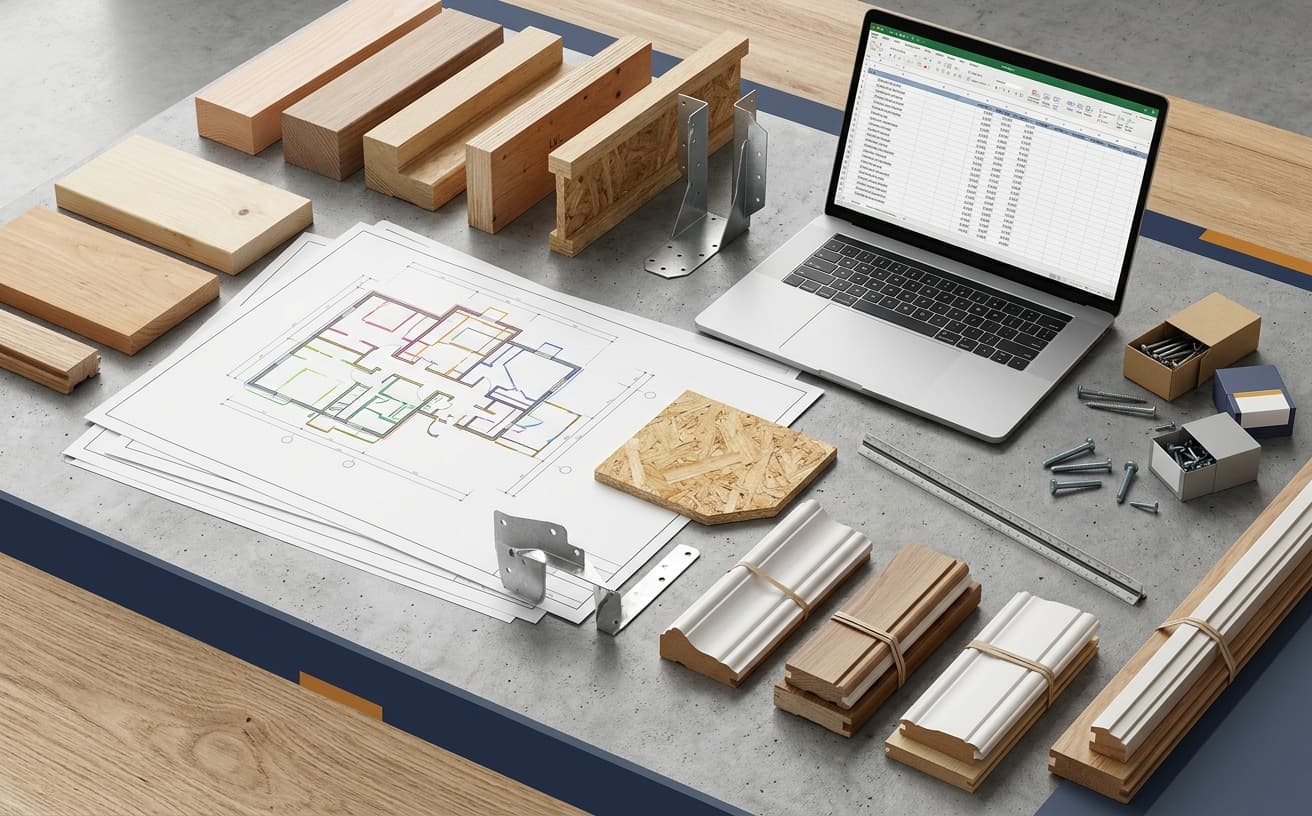Carpentry takeoff spreadsheet with lumber counts and trim lengths next to marked-up framing plans