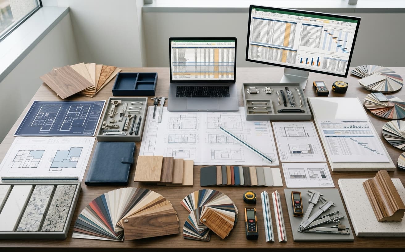 Millwork takeoff spreadsheet beside color-coded casework, countertop, and wall panel elevations