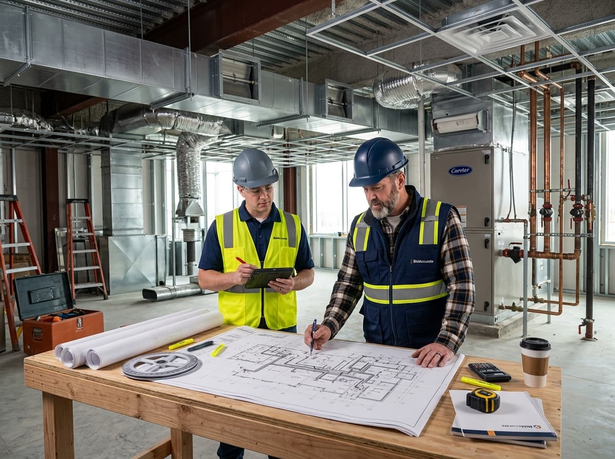 Estimator measuring supply and return ductwork on a mechanical plan for an HVAC takeoff