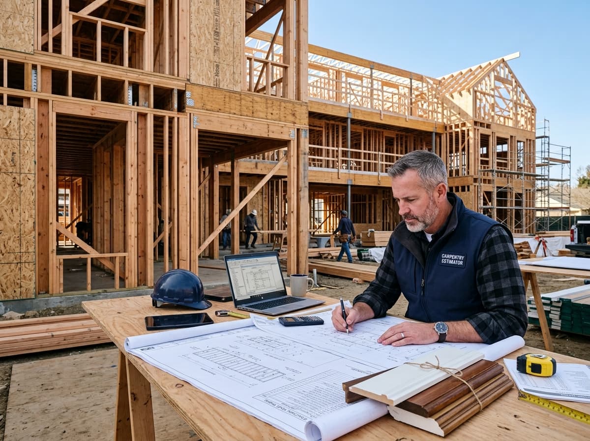 Carpentry estimator checking wall framing, sheathing, and trim quantities against a set of plans