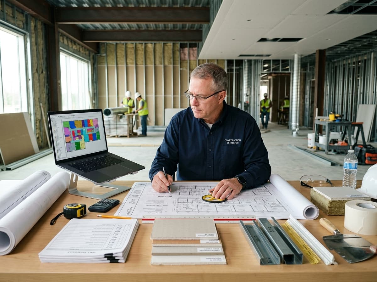 Estimator marking up a drywall partition plan with gypsum board and metal stud quantities