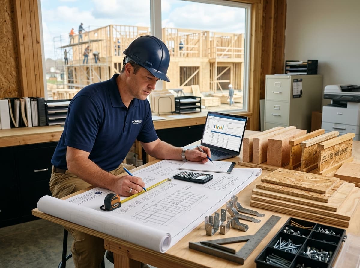 Estimator building a lumber list from framing plans, with dimensional lumber, engineered wood, and panel quantities