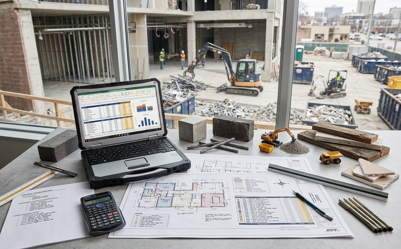 Demolition estimate workbook with removal quantities, crew and equipment hours, debris loads, disposal costs, and color-coded plan markups