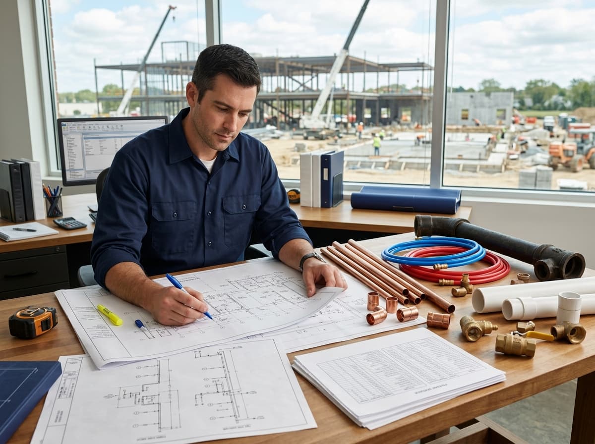 Estimator reviewing a plumbing riser diagram and fixture schedule during a takeoff