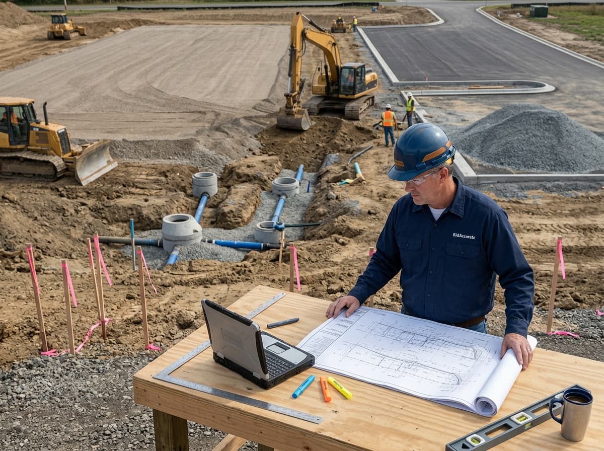 Sitework estimator checking grading, storm and sanitary utility runs, and paving areas on civil plans