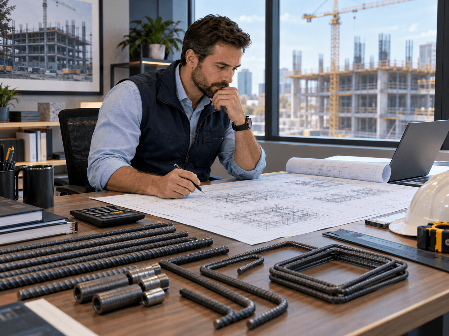 Estimator reviewing bar schedules and structural details for a rebar estimating services takeoff