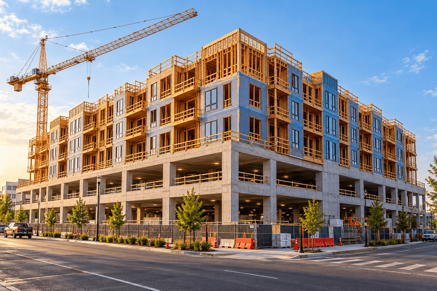 Podium mid-rise apartment building with wood-frame floors above a concrete parking podium