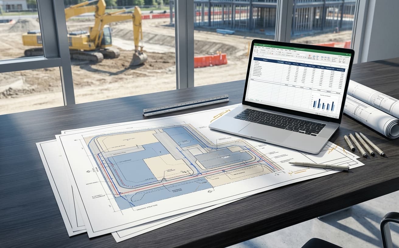 Sitework estimate with earthwork volumes, utility footage, a cost workbook, and color-coded civil plan markups