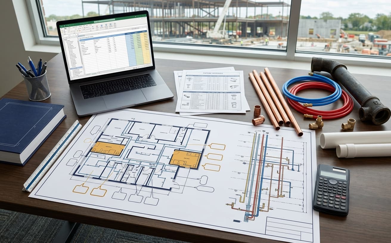 Plumbing estimate spreadsheet with a color-coded riser diagram, pipe lengths by size, fixture counts, and labor hours