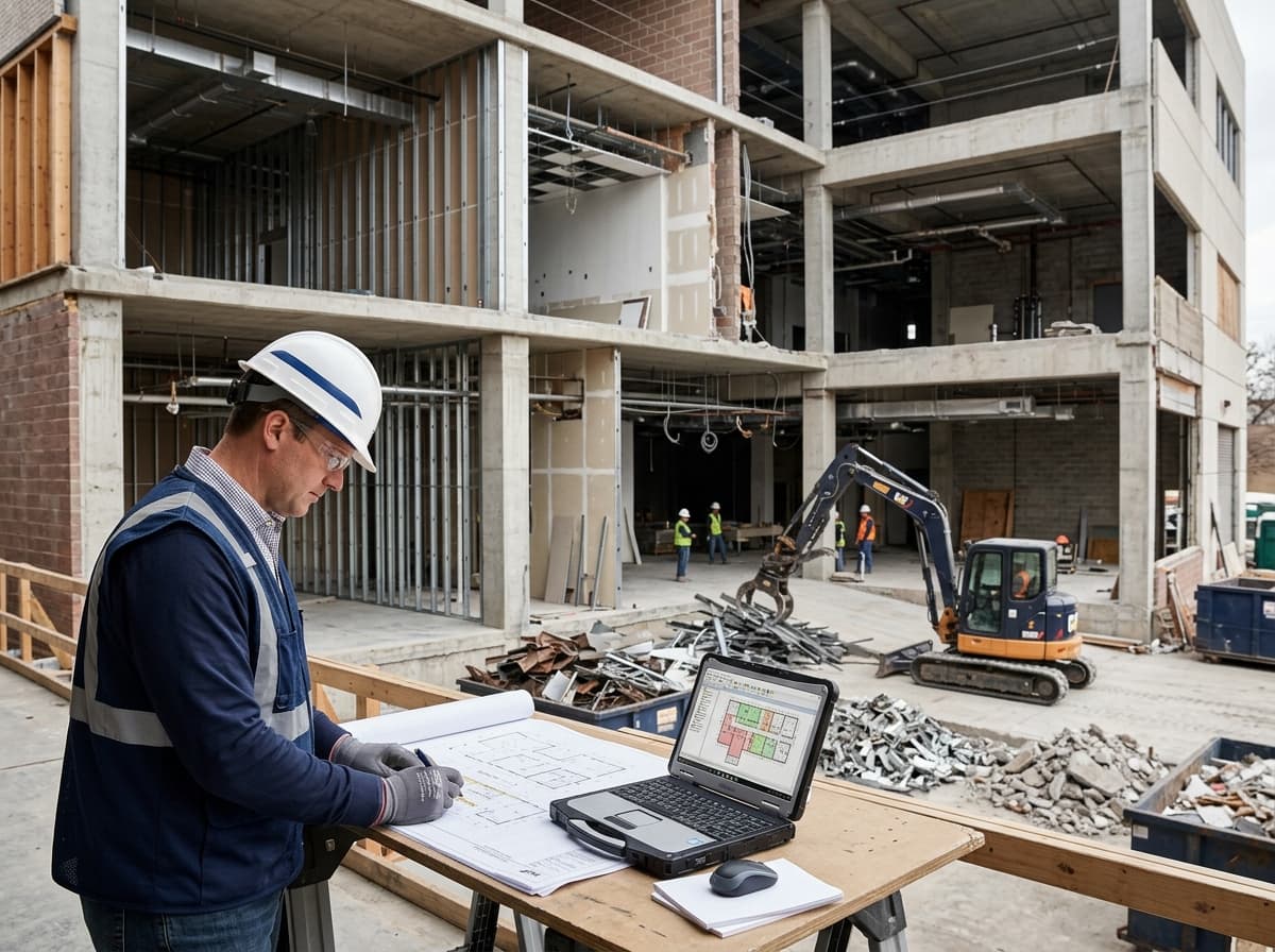 Demolition estimator marking removal limits, items to remain, and debris quantities on existing-condition plans