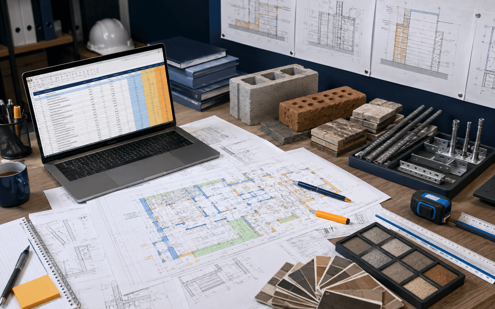 Masonry quantity takeoff spreadsheet and color-coded CMU, brick, and stone plan markups
