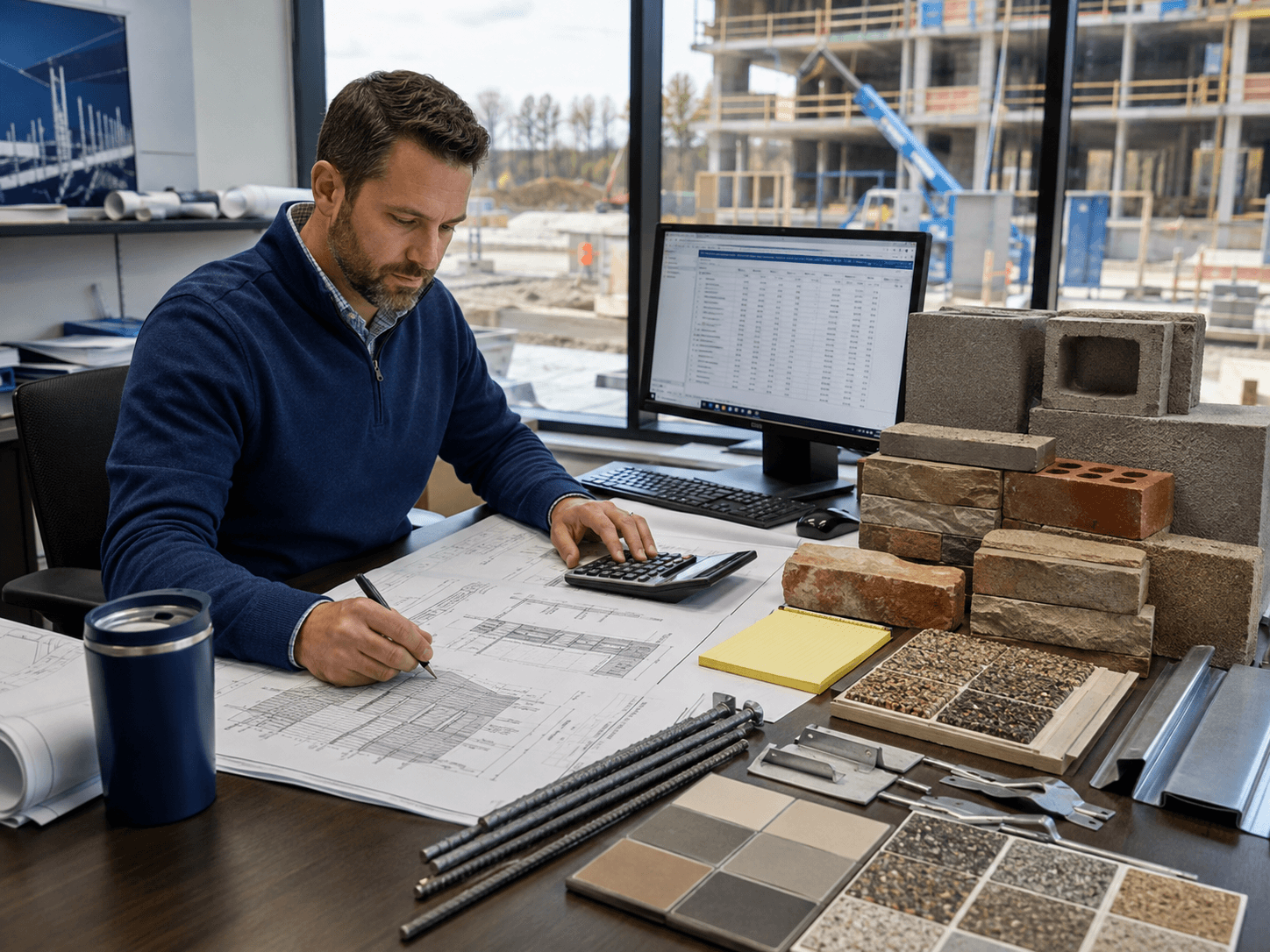 Estimator reviewing masonry estimating services for a CMU and brick construction project