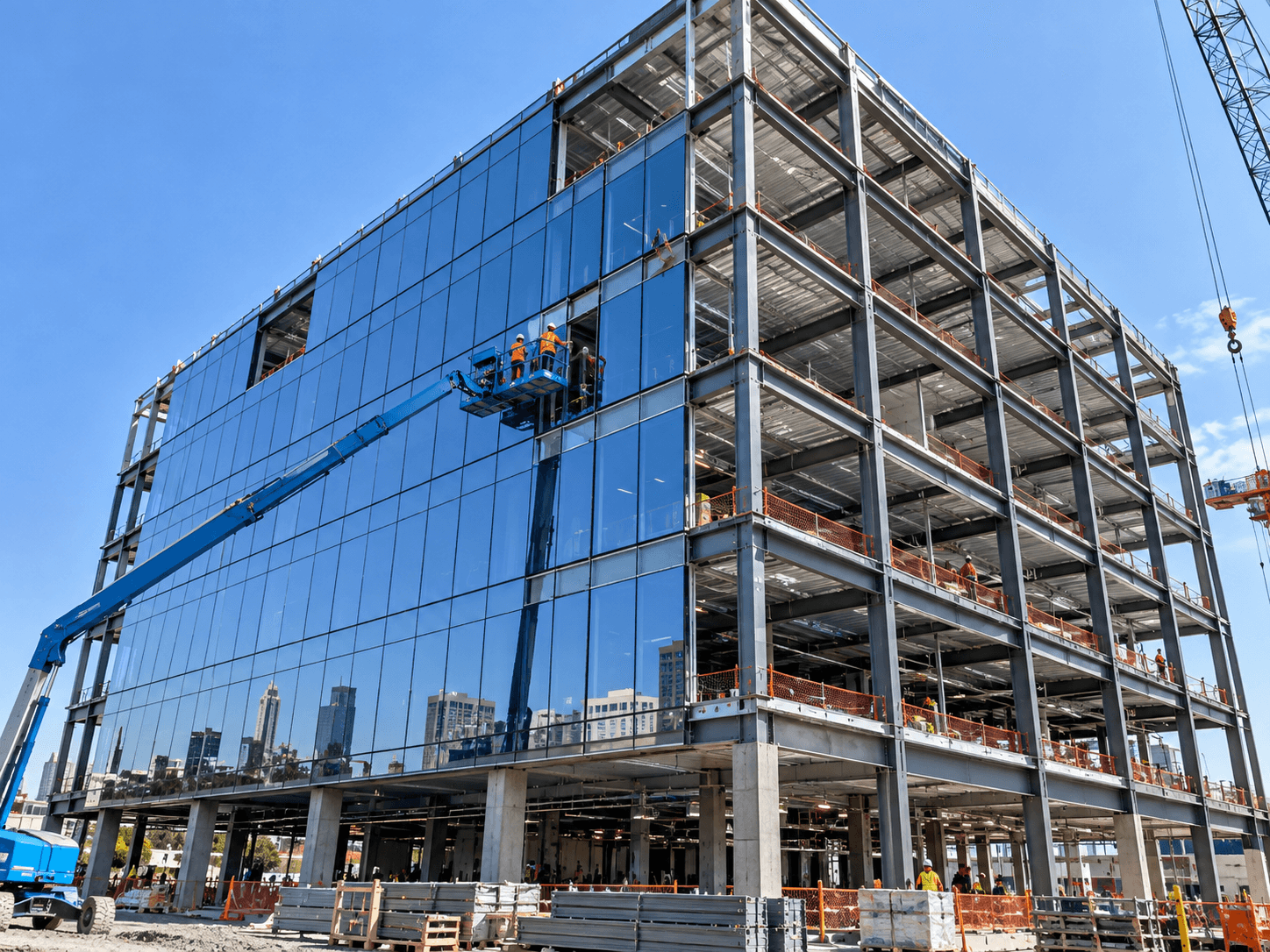 Multi-story commercial office building under construction with steel frame and curtain wall being installed