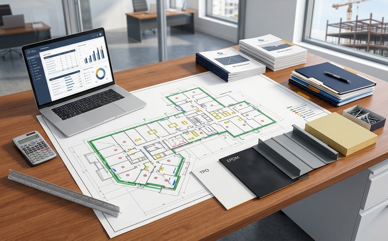 Roofing takeoff with roof system quantities, flashing lengths, and a color-coded roof plan