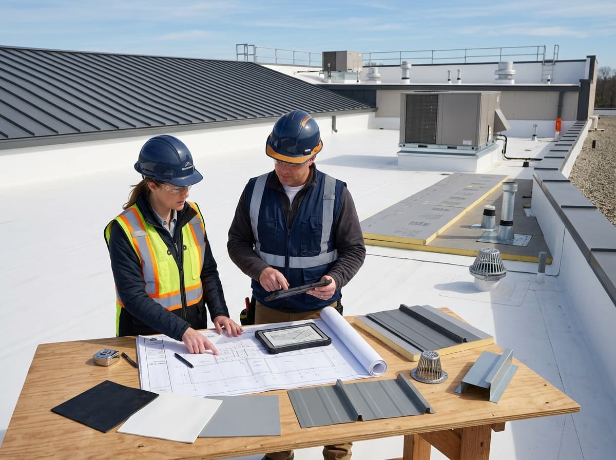 Estimator measuring roof planes and flashing runs on a marked-up roof plan