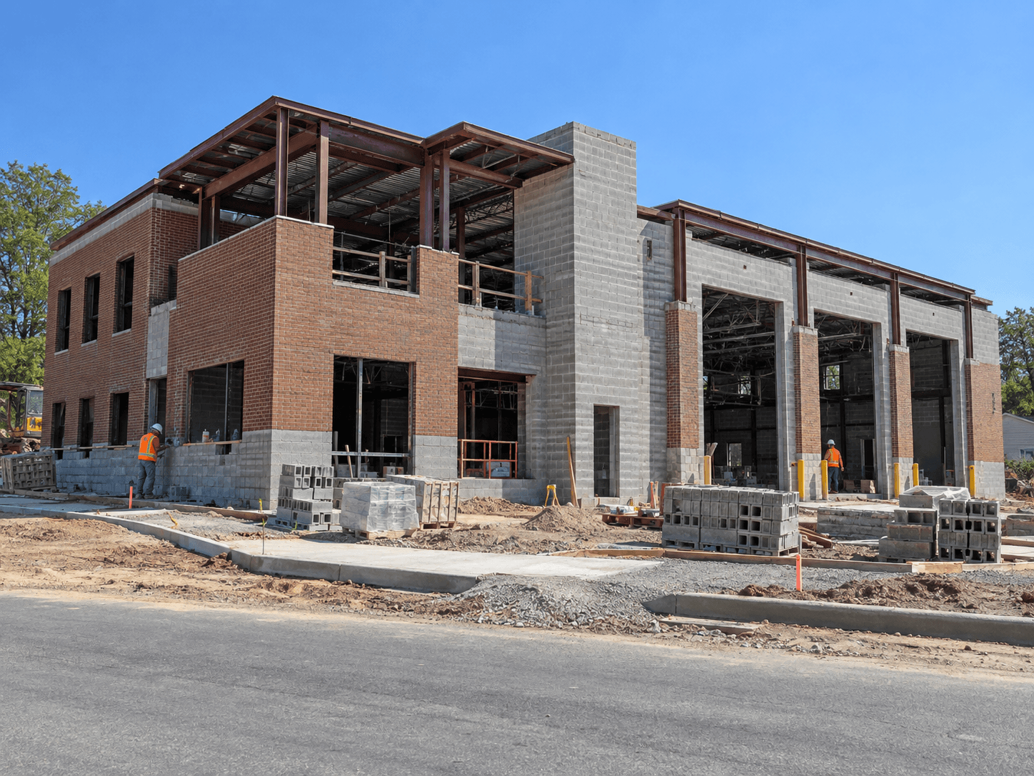 Municipal public safety building under construction with steel framing and masonry walls