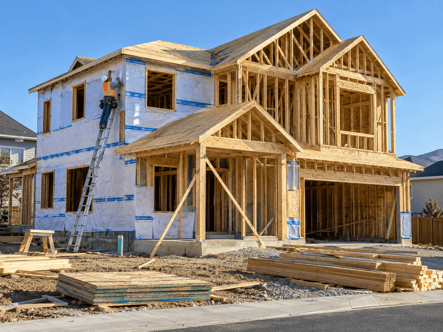 Two-story single-family home under construction with wood framing, roof sheathing, and house wrap