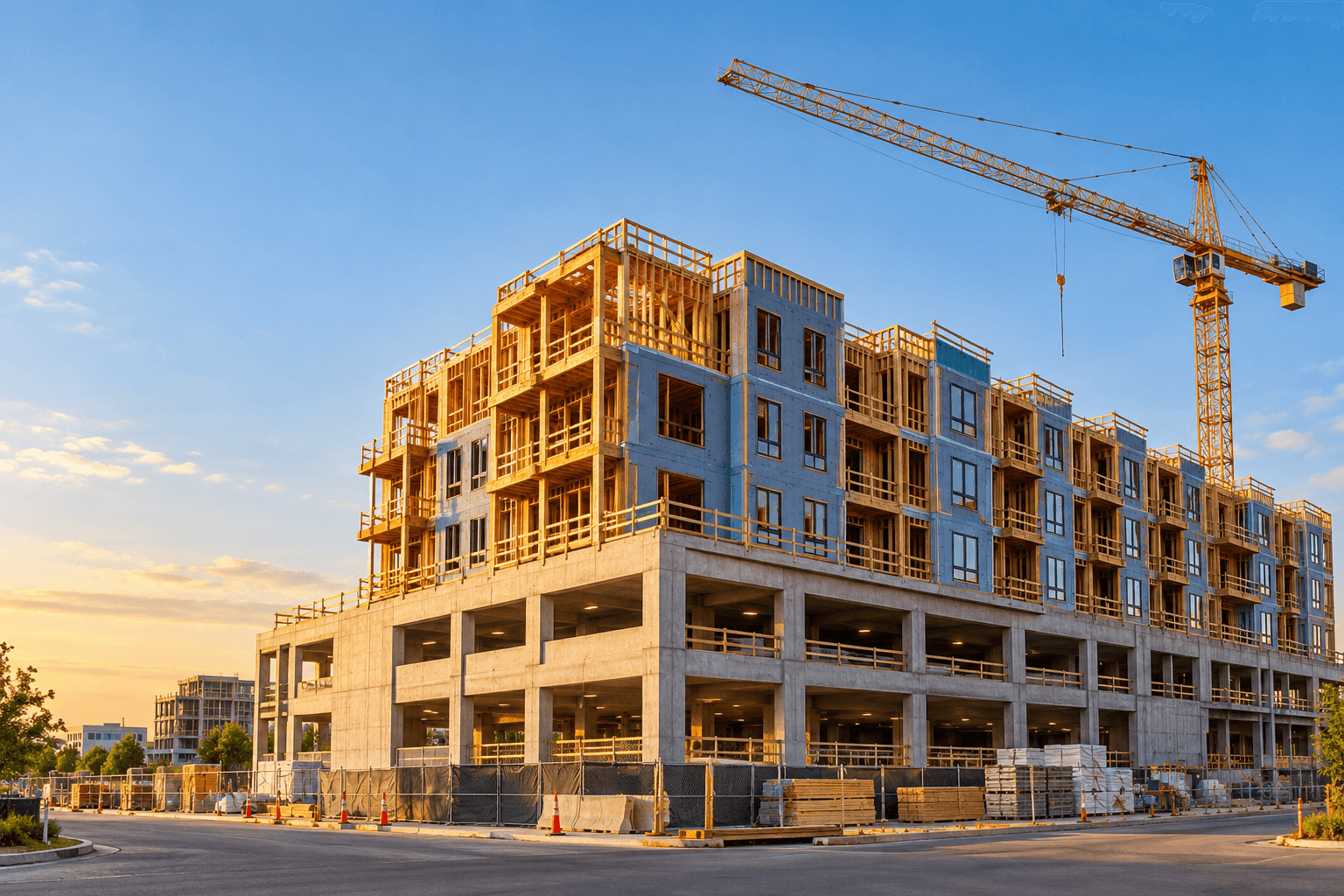 Podium-style multifamily apartment building under construction with wood framing above a concrete base